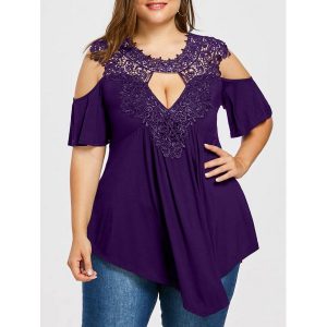 Plus Size Keyhole Neck Cold Shoulder T-shirt - Dull Purple