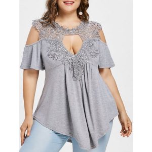 Plus Size Keyhole Neck Cold Shoulder T-shirt - Gray