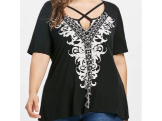 Plus Size Tribal Print Criss Cross T-shirt - Black