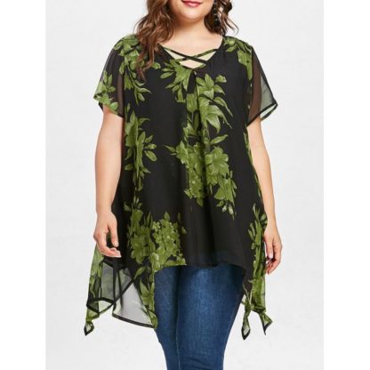 Criss Cross Front Plus Size Floral Blouse - Green
