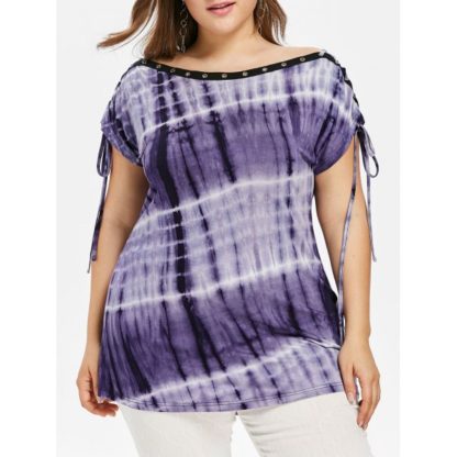 Tie Dye Plus Size Lace Up Tee - Purple