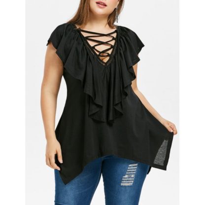 Plus Size Ruffle Cap Sleeve Lace-up T-shirt - Black