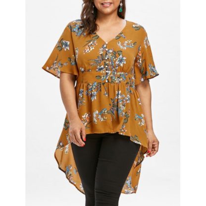 Plus Size Floral Dip Hem Blouse - Bee Yellow