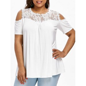 Plus Size Short Sleeve Lace Panel T-shirt - White