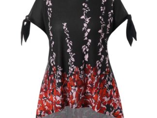 Plus Size Tie Sleeve Floral T-shirt - Black