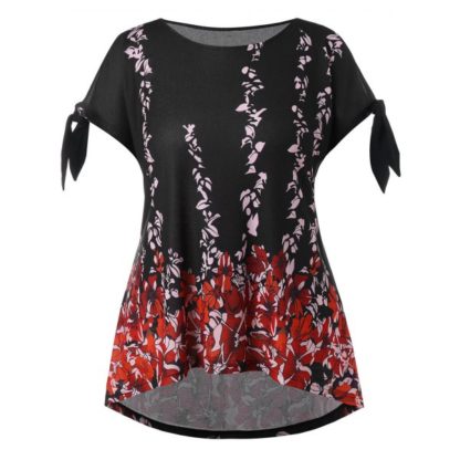 Plus Size Tie Sleeve Floral T-shirt - Black