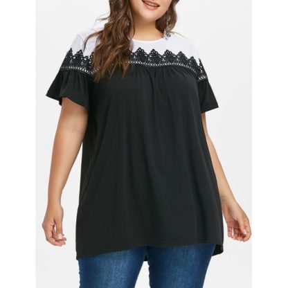 Plus Size Laciness Color Block T-shirt - Black