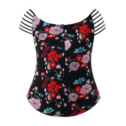 Plus Size Tropical Floral Shredding Blouse - Black