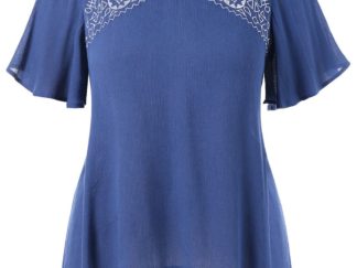 Plus Size Flutter Sleeve V-neck T-shirt - Blue
