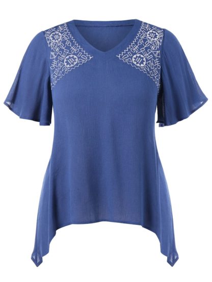 Plus Size Flutter Sleeve V-neck T-shirt - Blue