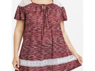 Plus Size Lace Trim Marled Peasant T-shirt - Blood Red