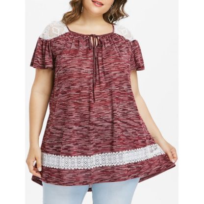 Plus Size Lace Trim Marled Peasant T-shirt - Blood Red