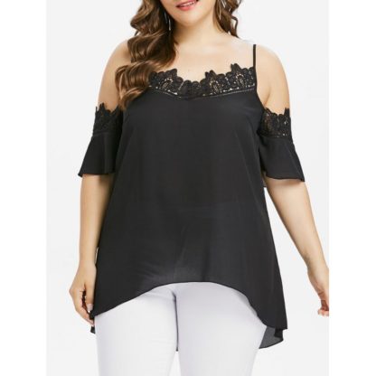 Plus Size Open Shoulder High Low Blouse - Black
