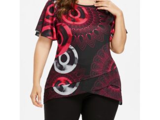 Print Plus Size Flutter Sleeve Overlap T-shirt - Black