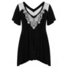 Plus Size Lace Insert Low Cut T-shirt - Black - Image 4