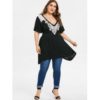 Plus Size Lace Insert Low Cut T-shirt - Black - Image 2