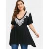 Plus Size Lace Insert Low Cut T-shirt - Black - Image 6