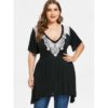 Plus Size Lace Insert Low Cut T-shirt - Black - Image 7