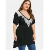 Plus Size Lace Insert Low Cut T-shirt - Black - Image 5