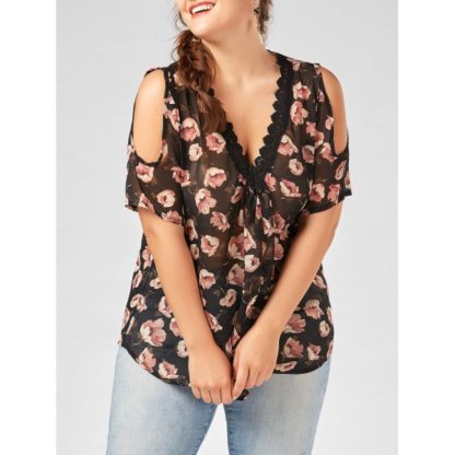 Plus Size Deep V Neck Chiffon Floral Top with Lace Trim