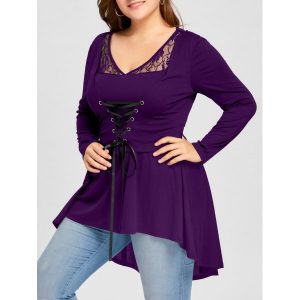 Plus Size Lace Up High Low Top - Purple