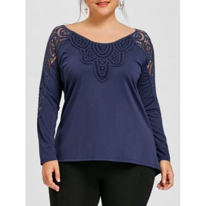 Plus Size Lace Trim Cutwork Top - Cerulean