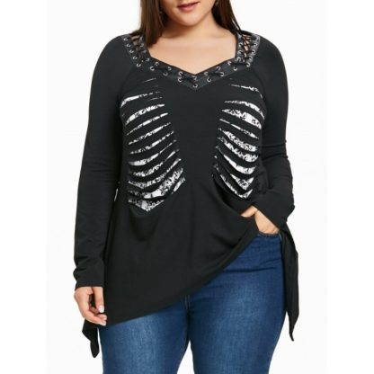 Plus Size Lace Up Shredding Top - Black
