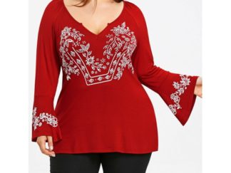 Plus Size V Neck Bell Sleeve T-shirt - Wine Red