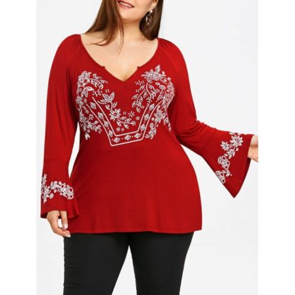 Plus Size V Neck Bell Sleeve T-shirt - Wine Red