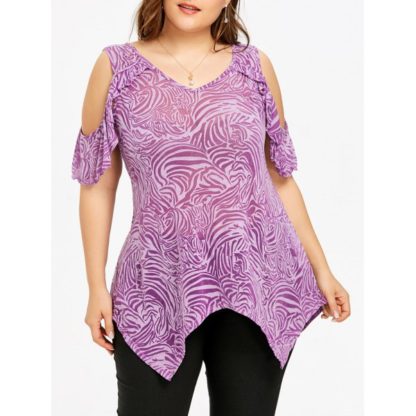 Plus Size Flounced Cold Shoulder T-shirt - Purple