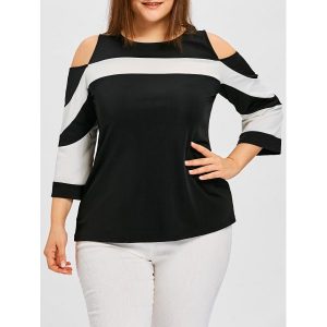 Plus Size Color Block Cold Shoulder Tee - White-Black