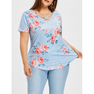 Cutout Floral Plus Size Tee - Windsor Blue