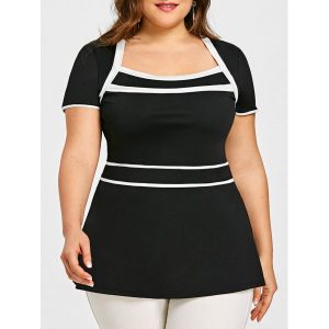 Plus Size Contrasting Peplum T-shirt - Black White