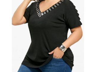 Plus Size V Neck Sequin Ripped T-shirt - Black