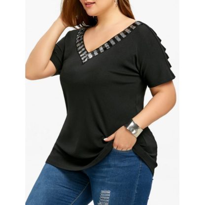 Plus Size V Neck Sequin Ripped T-shirt - Black