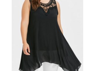 Plus Size Lace Panel Sleeveless Tunic Top - Black