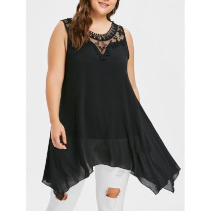 Plus Size Lace Panel Sleeveless Tunic Top - Black