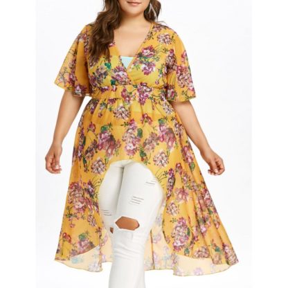 Plus Size Flower Low Cut Blouse - Yellow