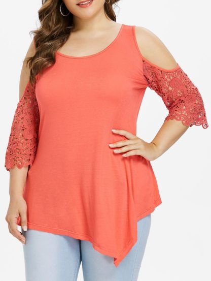 Plus Size Open Shoulder Lace Trim Blouse - Orange