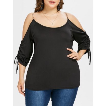 Plus Size Cold Shoulder Drawstring Sleeve Blouse - Black