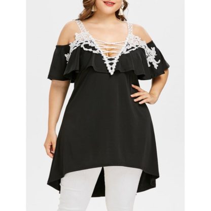 Plus Size Lace Lattice Flounce Blouse