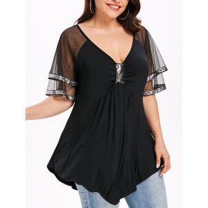 Plus Size Mesh Shoulder Sparkly T-shirt - Black