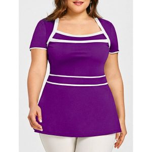 Plus Size Contrasting Peplum T-shirt - Purple