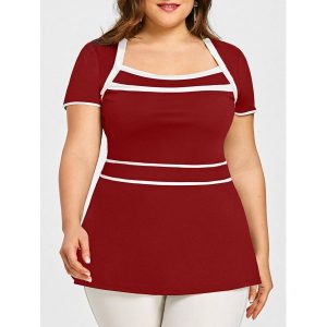 Plus Size Contrasting Peplum T-shirt - Wine Red