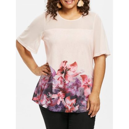 Plus Size Floral Print Round Neck Top - Pink