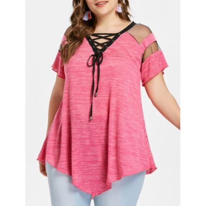Criss Cross Plus Size Asymmetrical T-shirt - Watermelon Pink