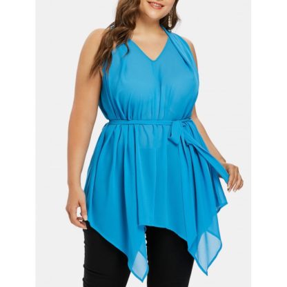 V Neck Plus Size Asymmetrical Top - Sky Blue