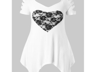 Plus Size Shredding Sleeve Lace Panel T-shirt - White