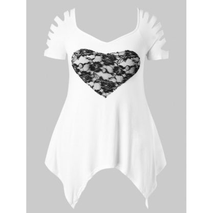 Plus Size Shredding Sleeve Lace Panel T-shirt - White