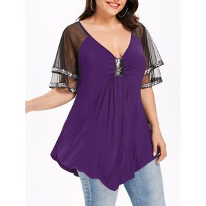 Plus Size Mesh Shoulder Sparkly T-shirt - Purple